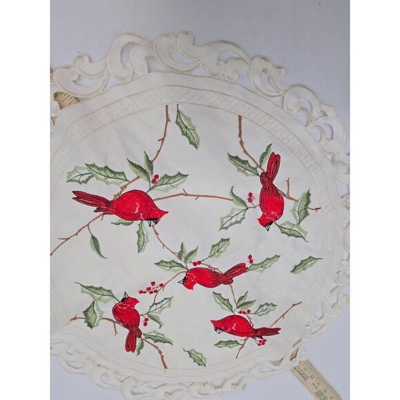 Round Christmas Red Cardinal Embroidered Lace Table Topper 16" - Picture 7 of 10